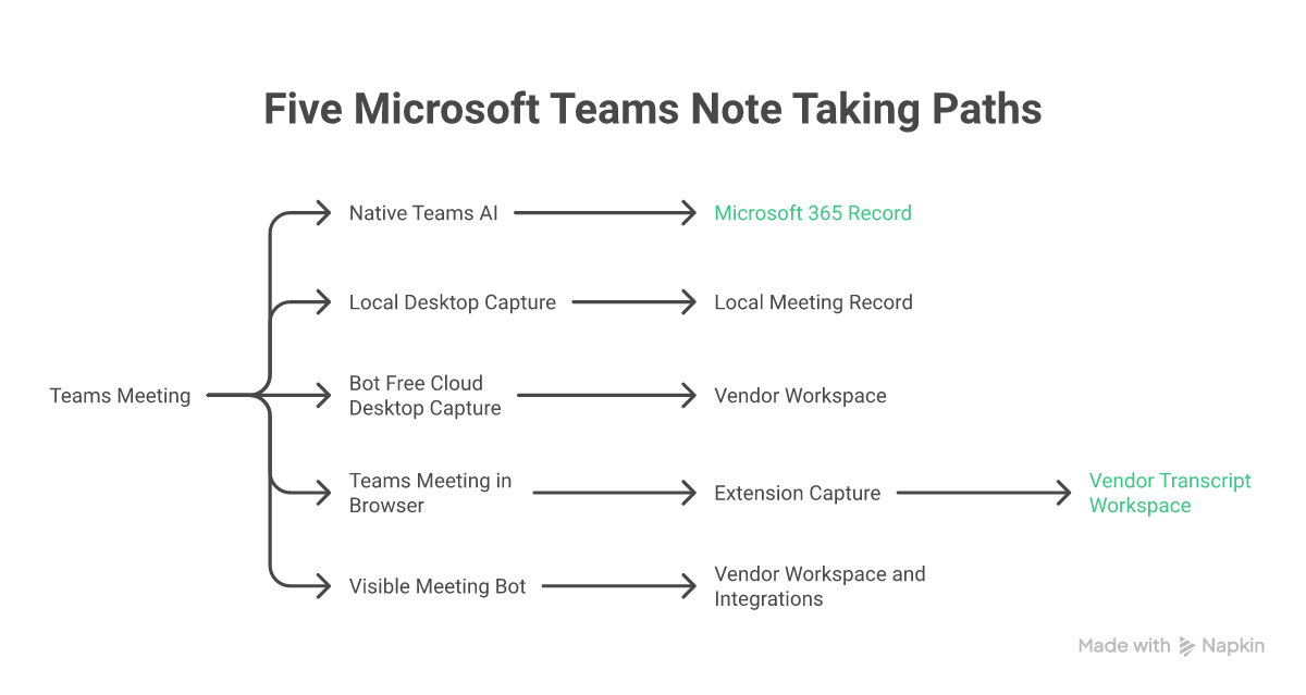 Five Microsoft Teams note-taking paths route meeting audio into very different records