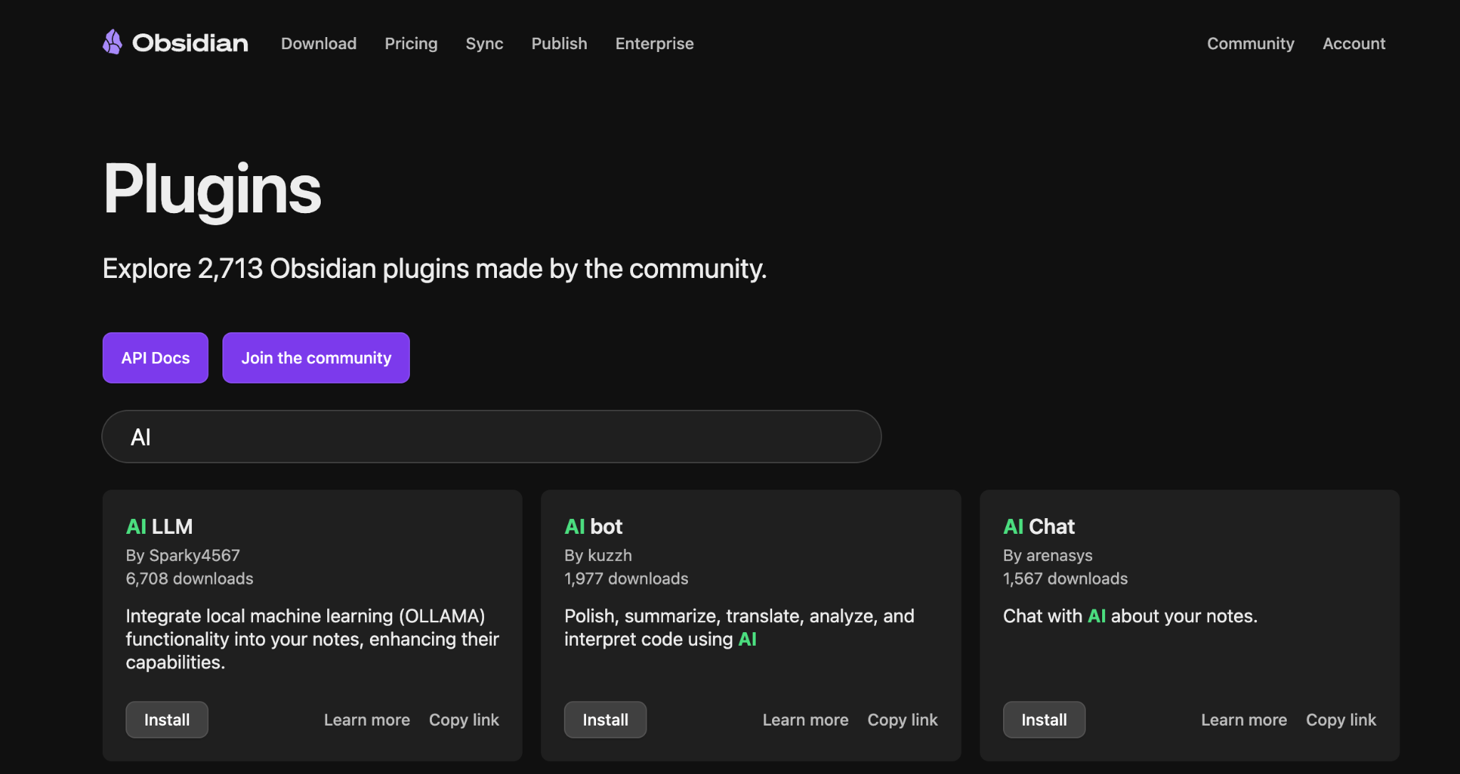 Obsidian community plugins page showing AI writing and chat plugins