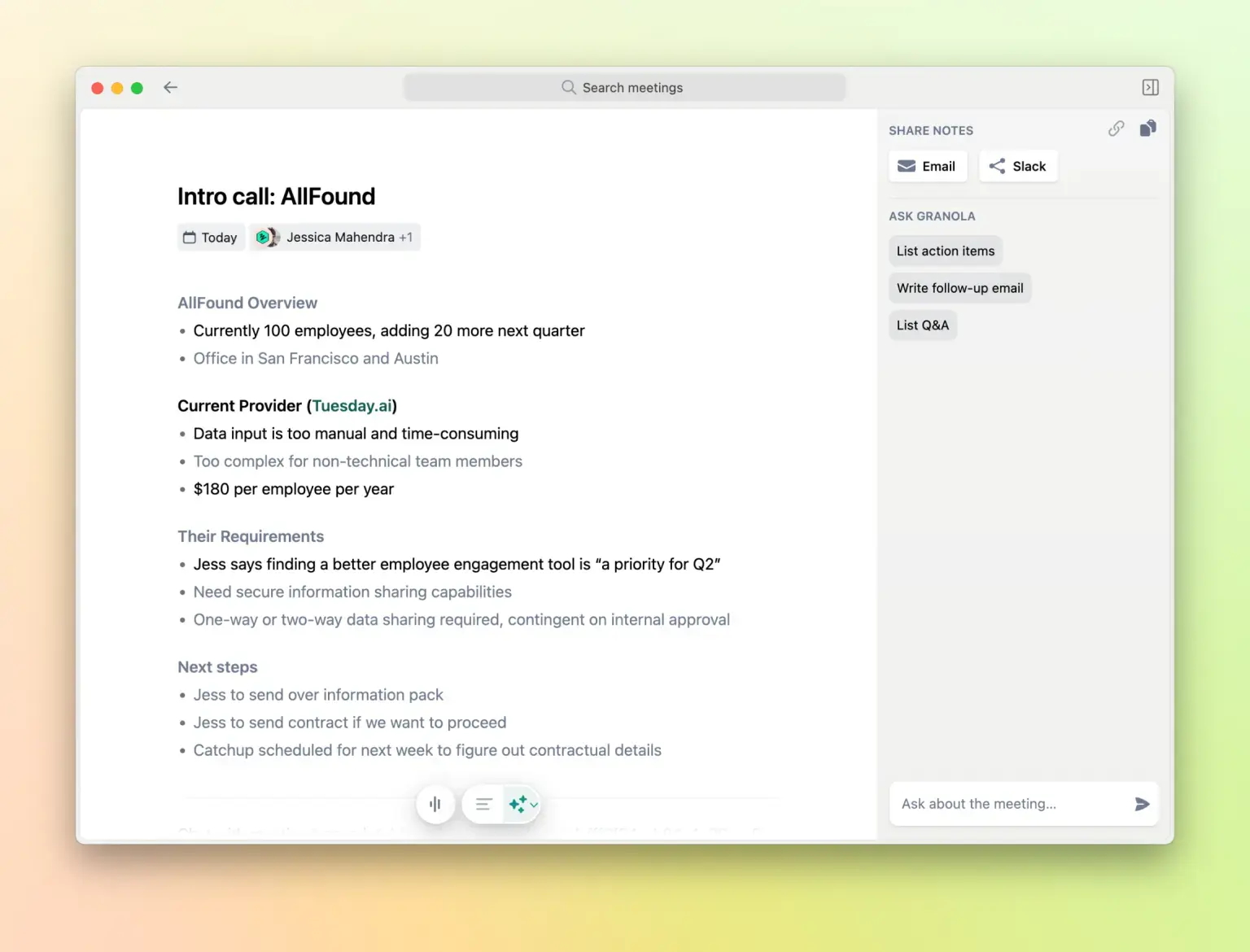 Granola meeting note with a generated summary, transcript, and action items