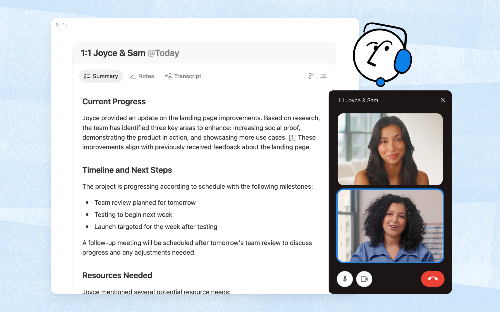 Notion AI meeting note beside an active video call