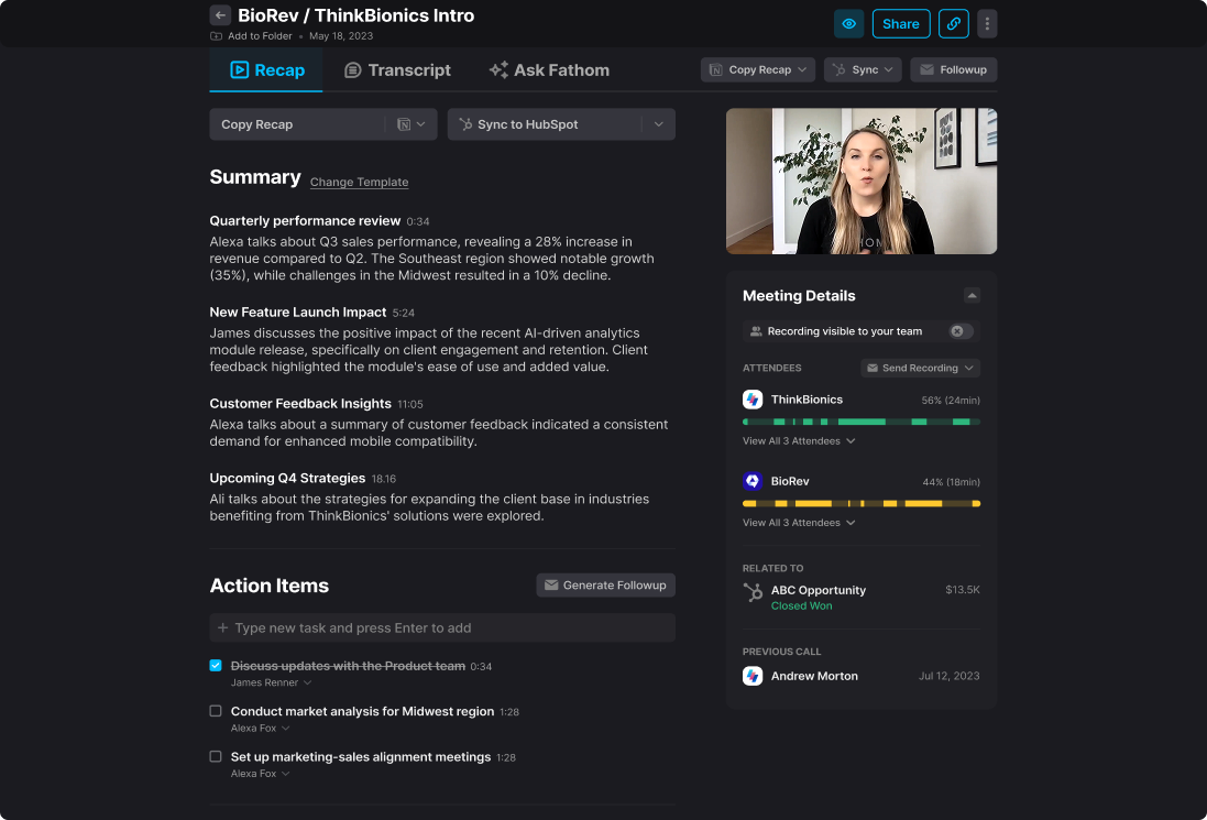 Fathom Recap workspace with meeting video, AI summary, and action items