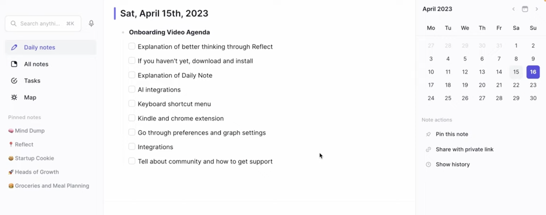 Reflect daily note with calendar, backlinks, and note actions