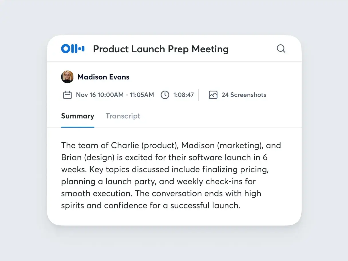 Otter product-launch meeting summary card with transcript tab and screenshots