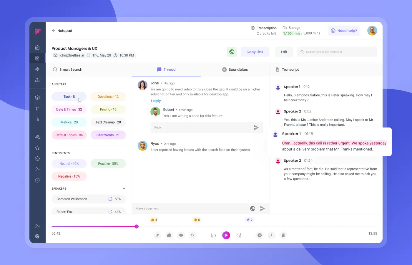 Fireflies meeting workspace with video, transcript, summary, and integrations