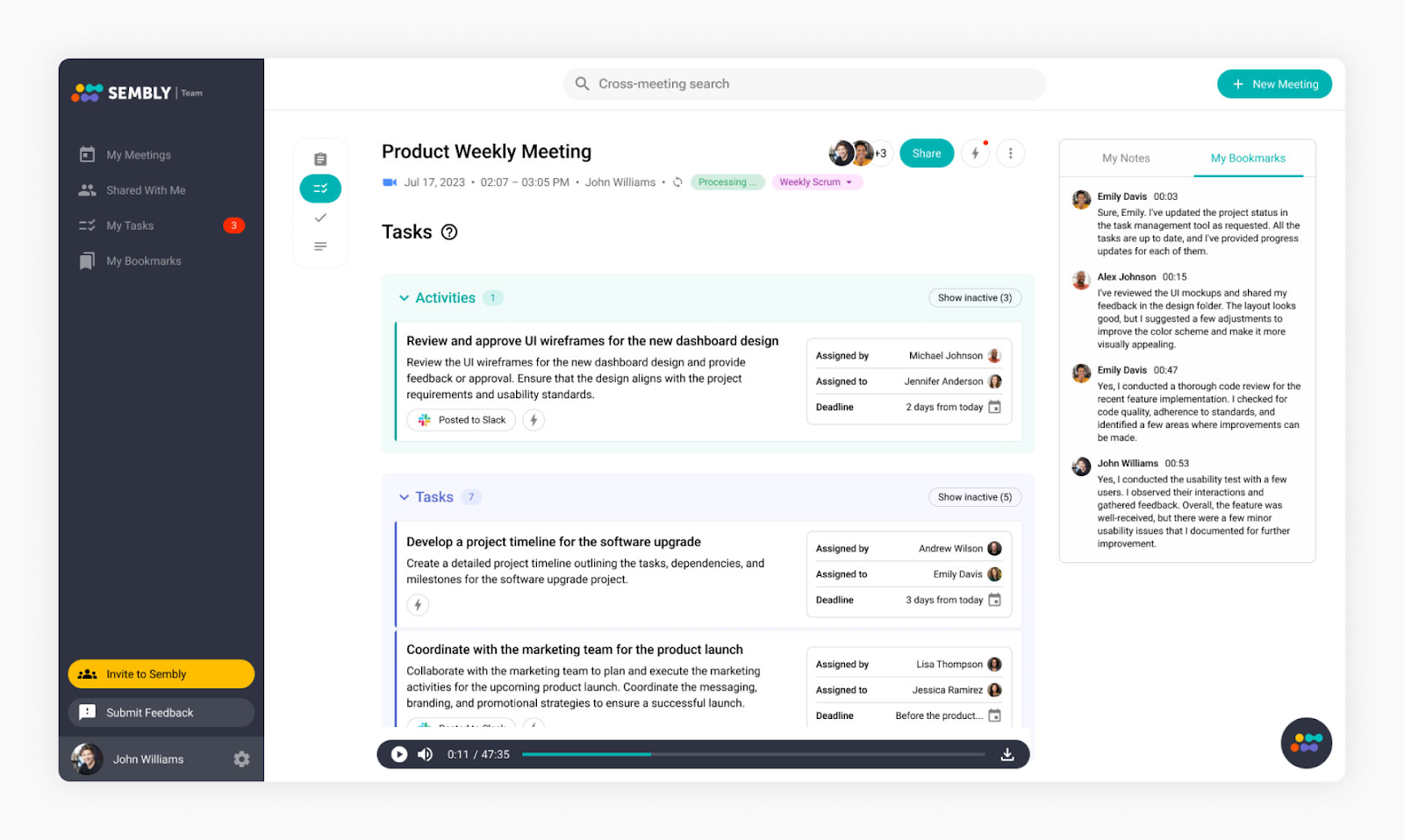 Sembly meeting note with tasks, summary, and transcript