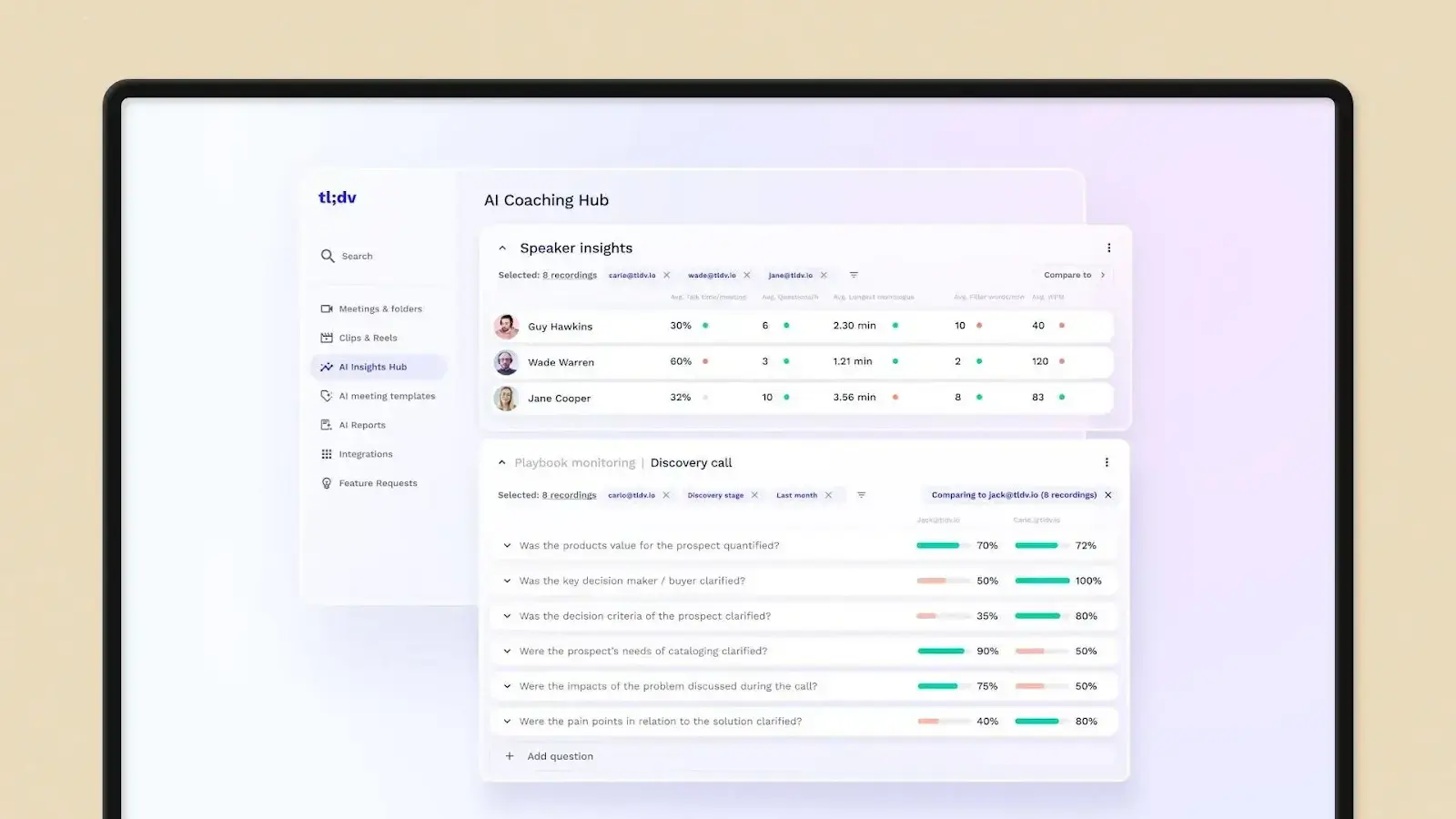 tl;dv coaching dashboard with speaker insights and meeting playback