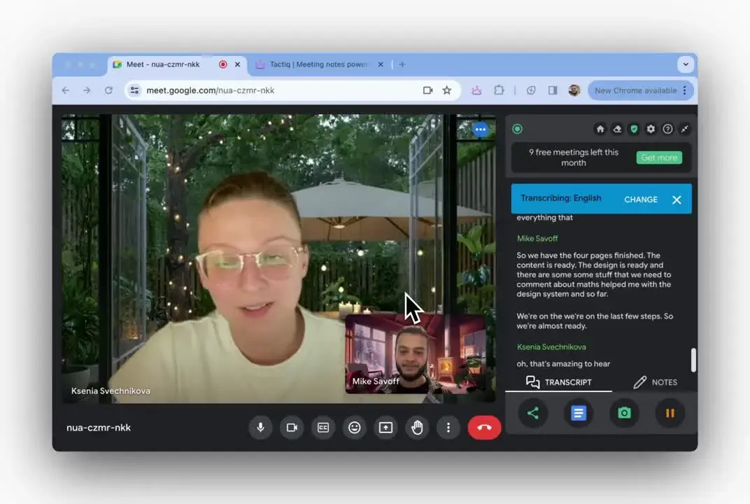 Tactiq live transcript panel beside a Google Meet call