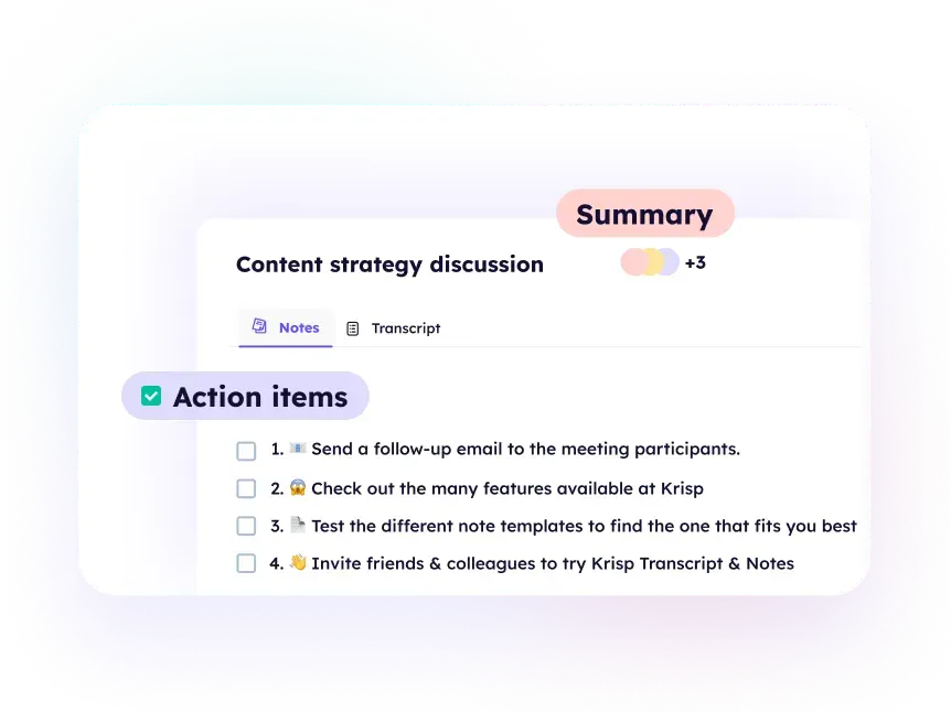 Krisp meeting summary with action items and transcript navigation