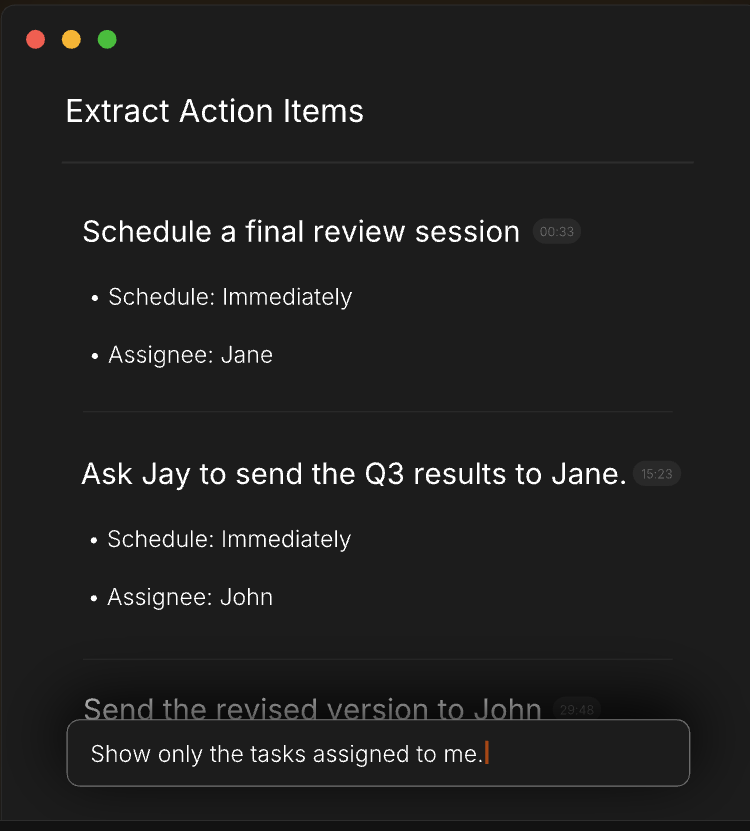 char-editor-width=80 Shadow action-item extraction panel with task assignments