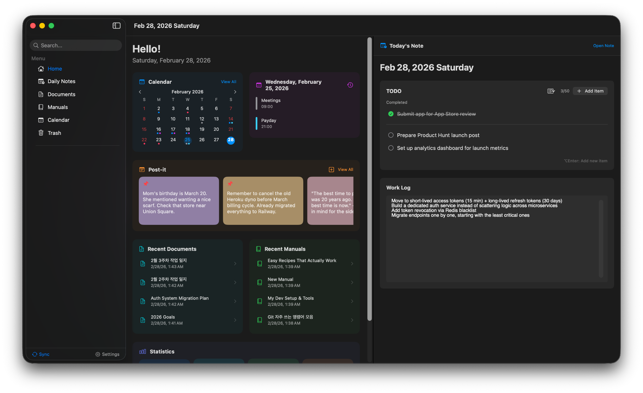 char-editor-width=80 Novi Notes dark-mode daily dashboard with calendar, tasks, work log, and recent documents