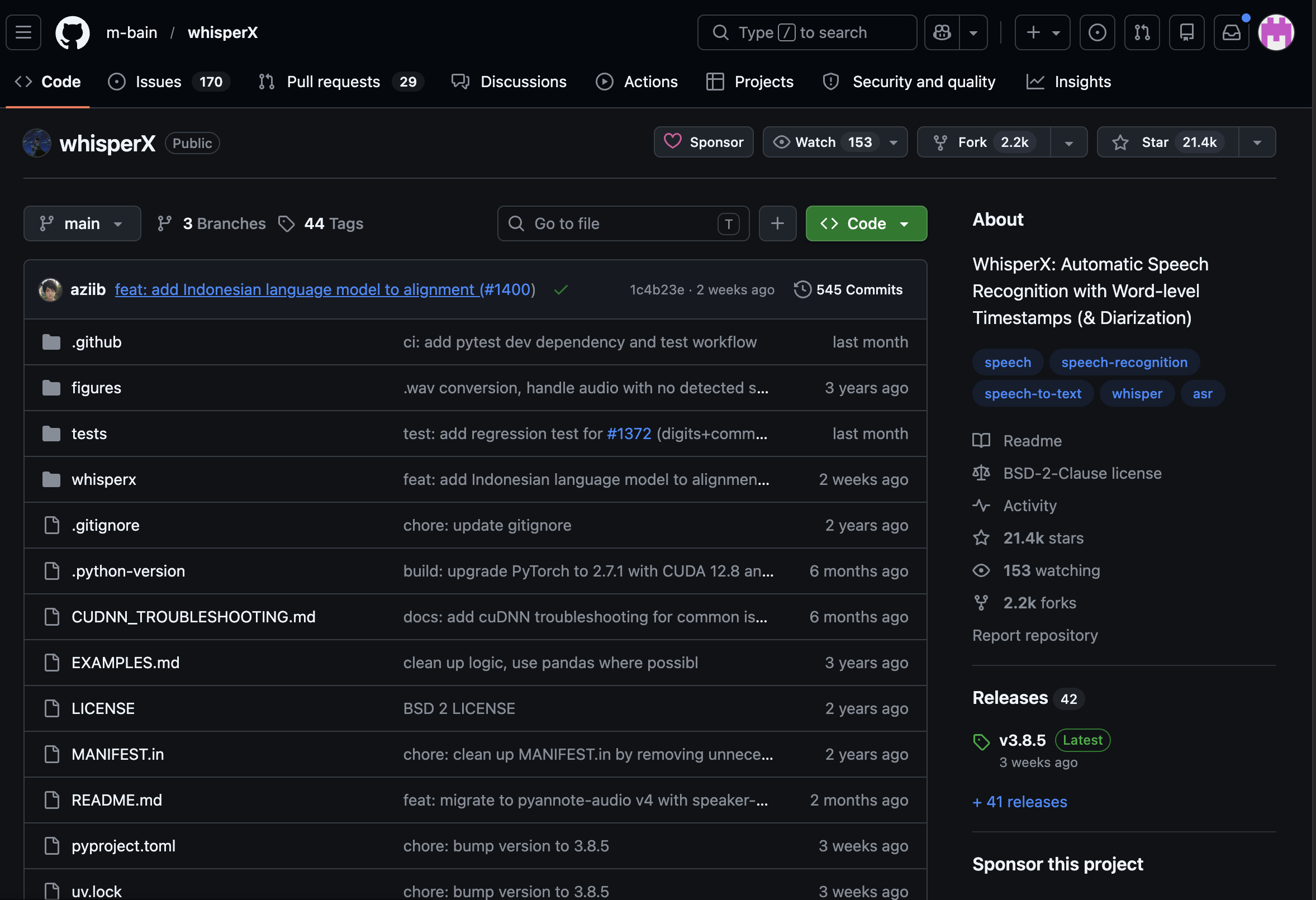 char-editor-width=80 WhisperX GitHub repository with installation files and project documentation