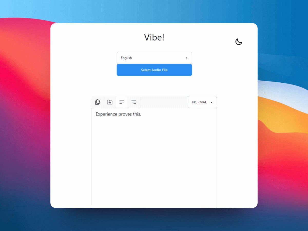 char-editor-width=80 Vibe desktop app with language, model, and audio-file controls