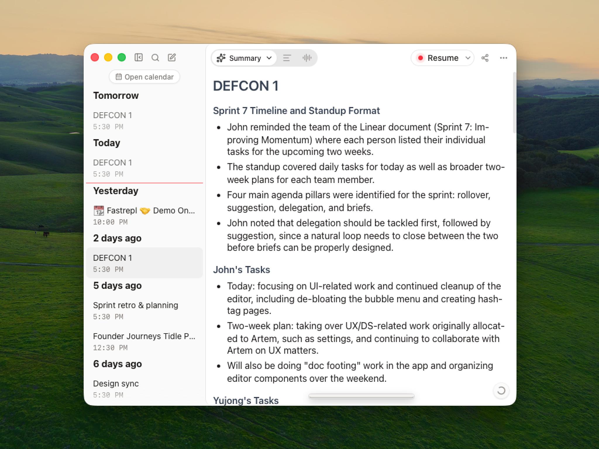 Anarlog meeting summary with recent meetings in the local sidebar