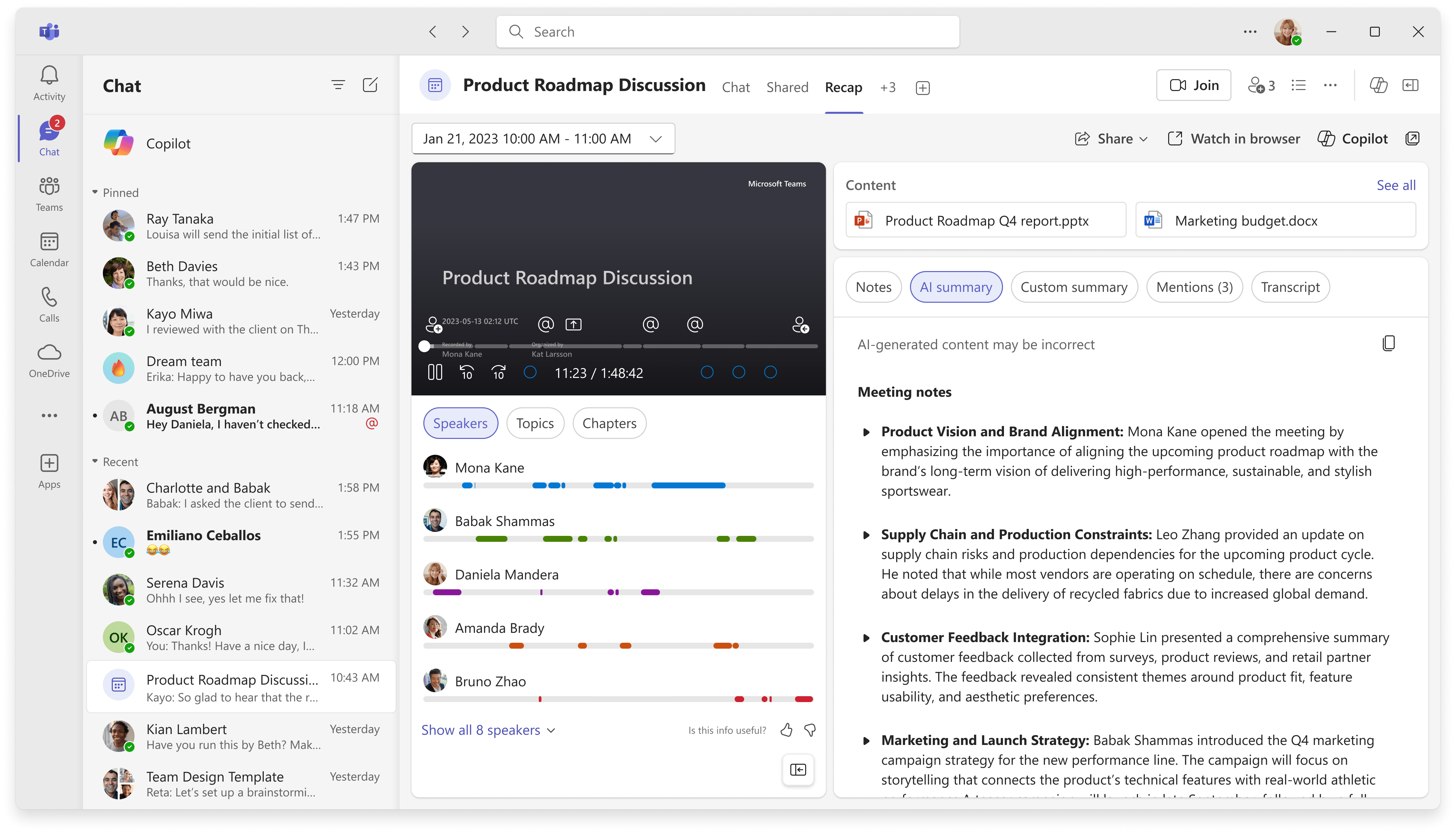Microsoft Teams Intelligent Recap and Copilot view with AI summary, transcript, and speaker timeline