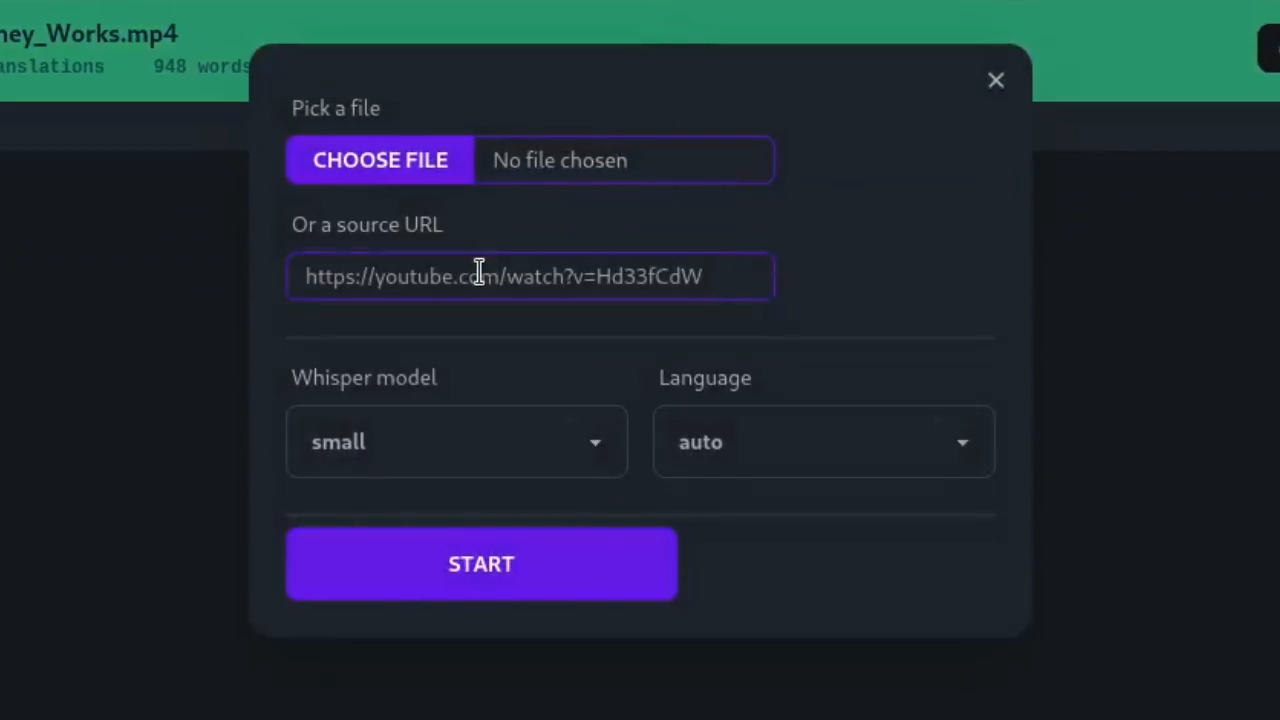 char-editor-width=80 Whishper upload dialog with file, URL, model, and language controls